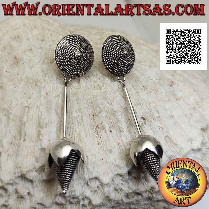 Silver earrings with spiral weave on the lobe and pendant flower (handmade)