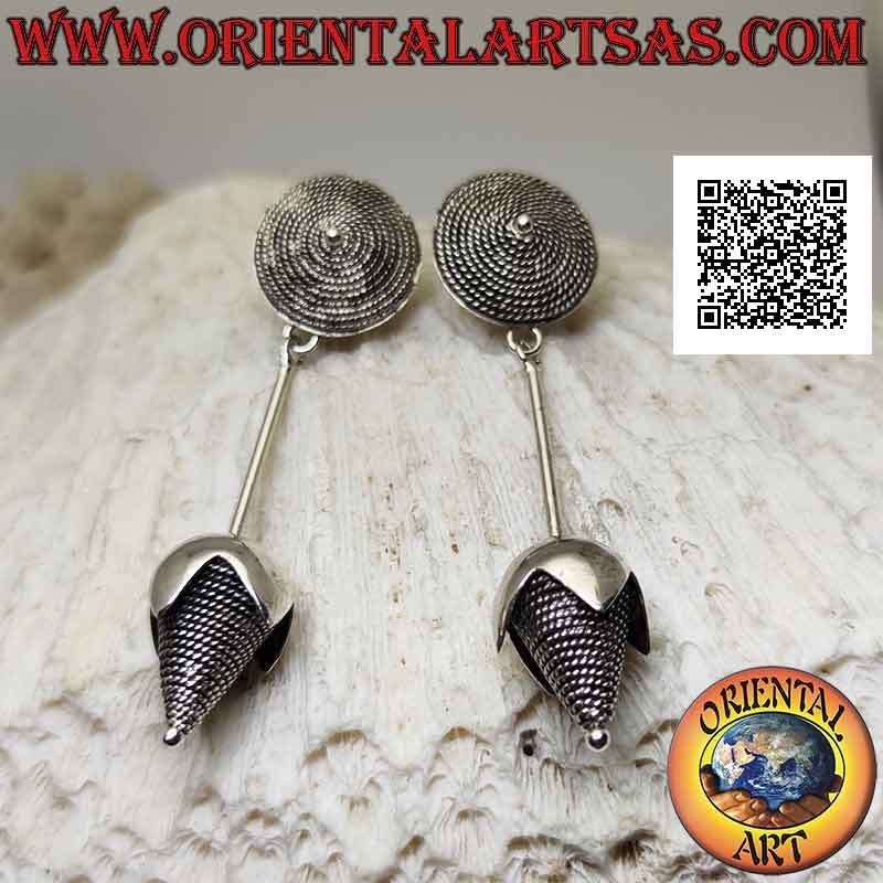 Silver earrings with spiral weave on the lobe and pendant flower (handmade)