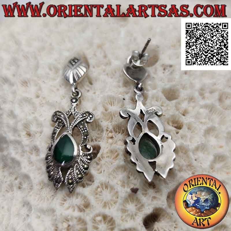 Silver earrings with teardrop green agate on pierced setting studded with marcasite and lobe shell