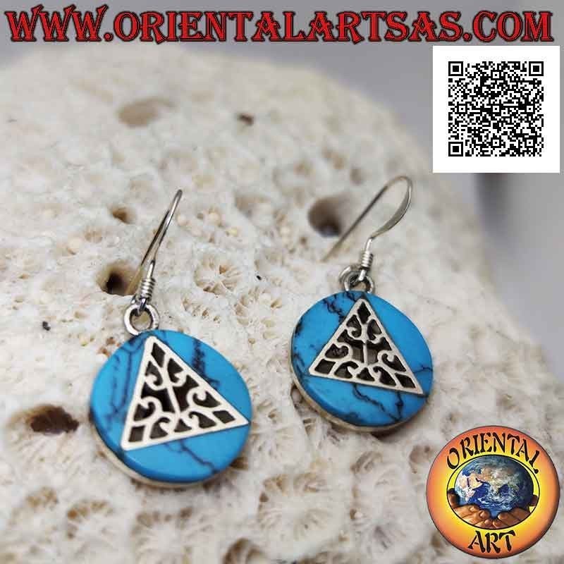 Silver leverback earrings with triangular pierced decoration on a turquoise paste disc