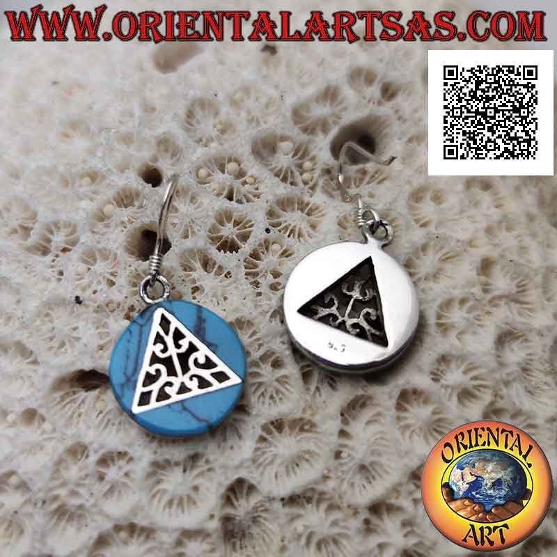 Silver leverback earrings with triangular pierced decoration on a turquoise paste disc