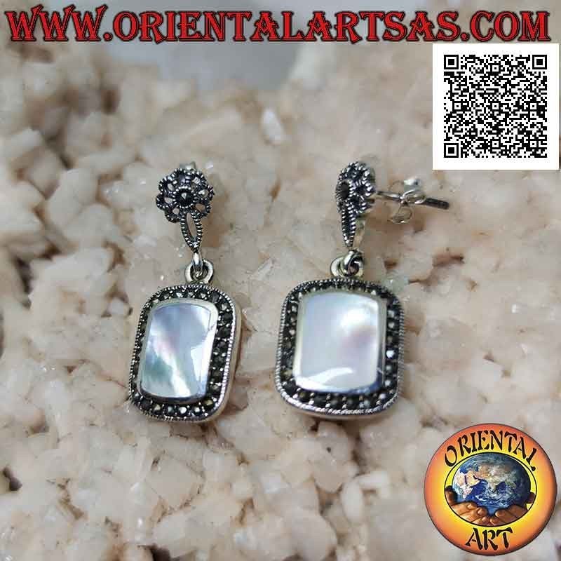 Silver earrings with lobe flower and rounded rectangular mother-of-pearl surrounded by marcasite