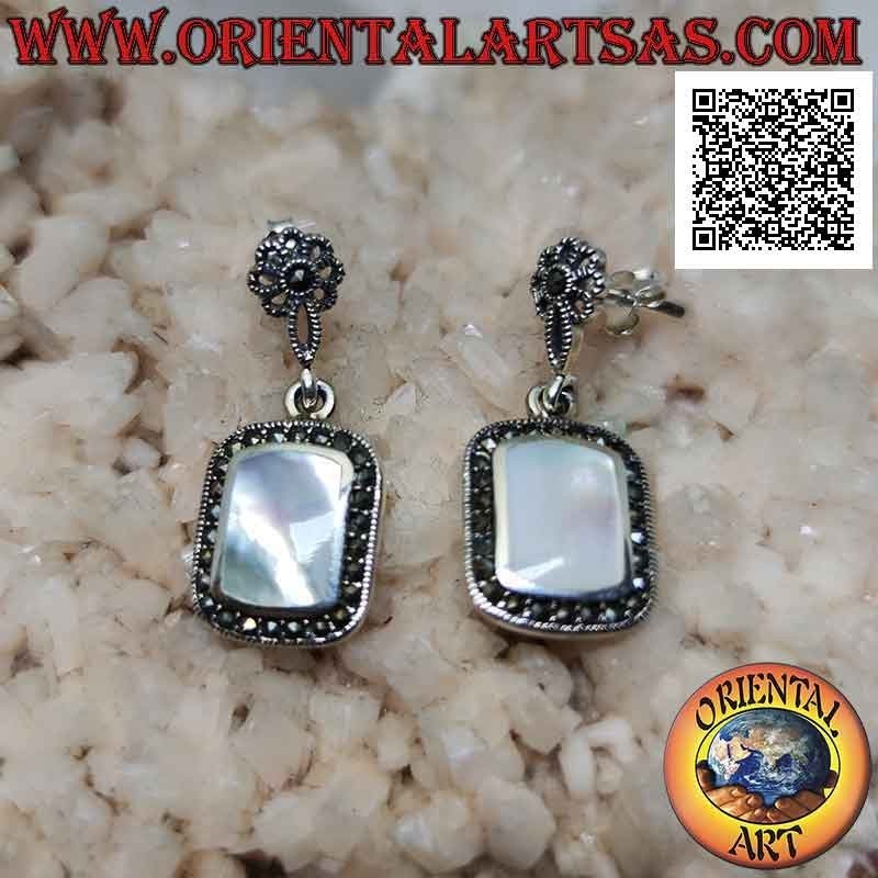 Silver earrings with lobe flower and rounded rectangular mother-of-pearl surrounded by marcasite