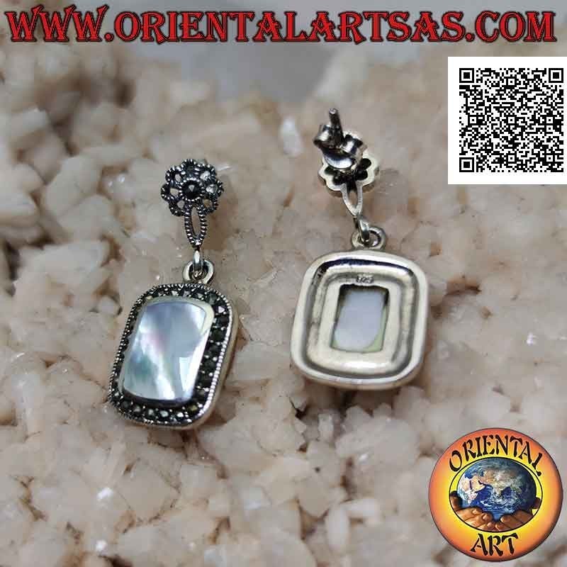 Silver earrings with lobe flower and rounded rectangular mother-of-pearl surrounded by marcasite