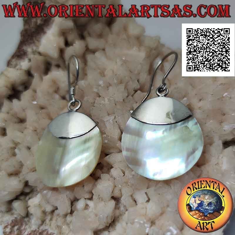 Silver leverback earrings with mother-of-pearl disc attached to a smooth plate