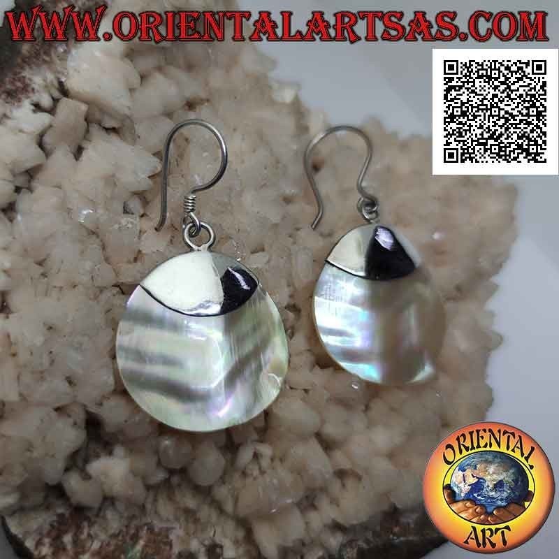 Silver leverback earrings with mother-of-pearl disc attached to a smooth plate
