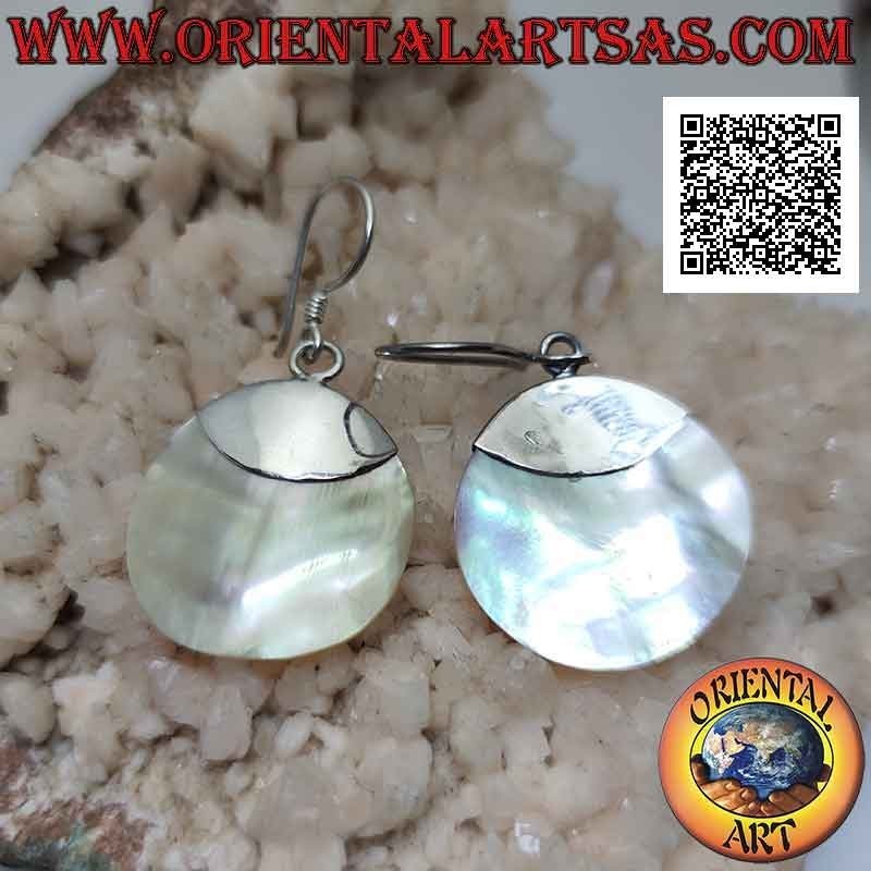 Silver leverback earrings with mother-of-pearl disc attached to a smooth plate