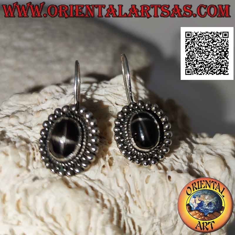 Silver earrings with black star (star diopside) oval surrounded by interweaving, small and large balls