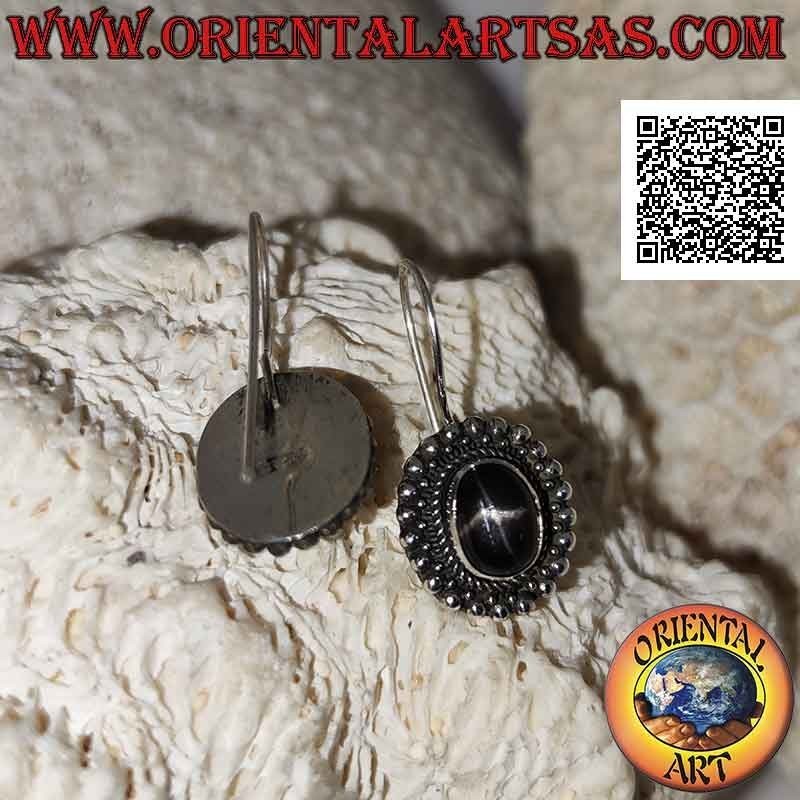 Silver earrings with black star (star diopside) oval surrounded by interweaving, small and large balls