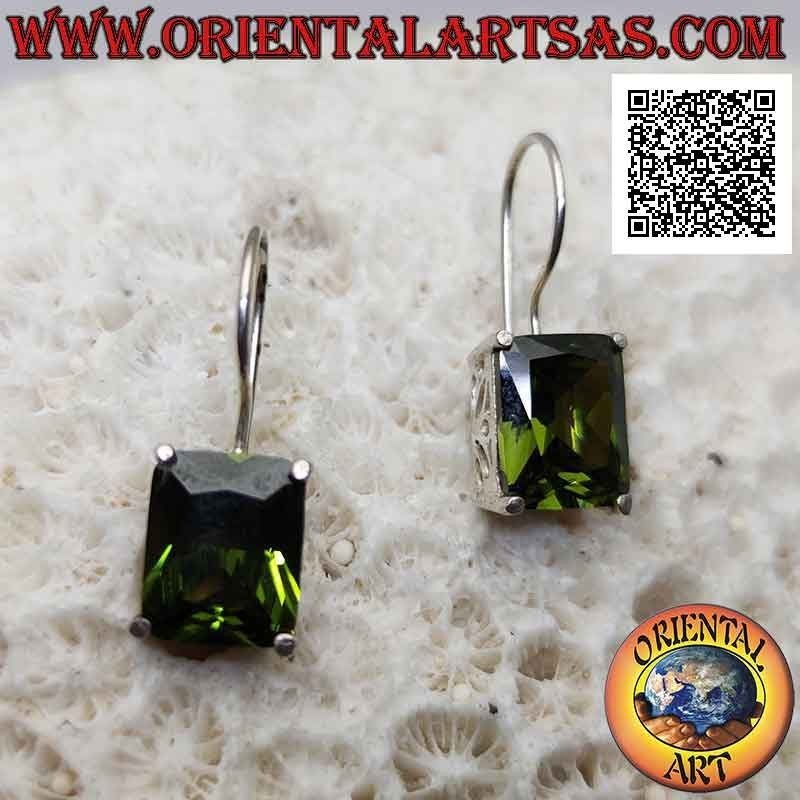 Silver earrings with rectangular olive-colored zircon set on a smooth frame with side openings