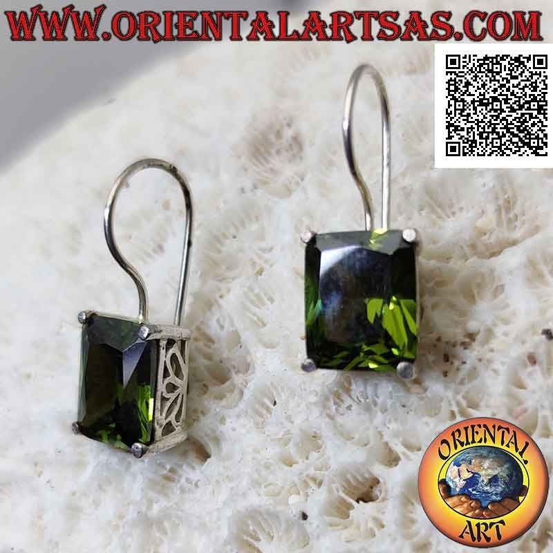 Silver earrings with rectangular olive-colored zircon set on a smooth frame with side openings