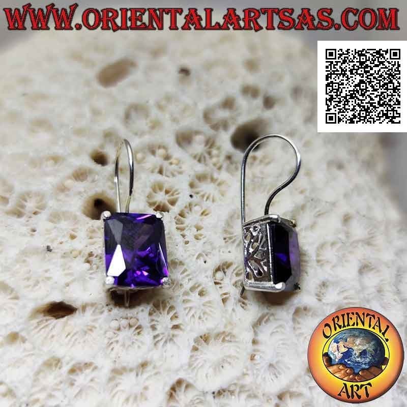 Silver pendant earrings with rectangular synthetic amethyst set on a smooth frame with side openings