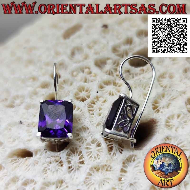 Silver pendant earrings with rectangular synthetic amethyst set on a smooth frame with side openings