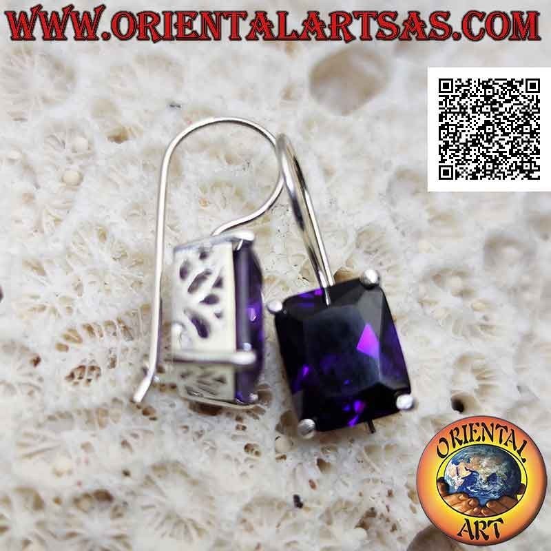 Silver pendant earrings with rectangular synthetic amethyst set on a smooth frame with side openings