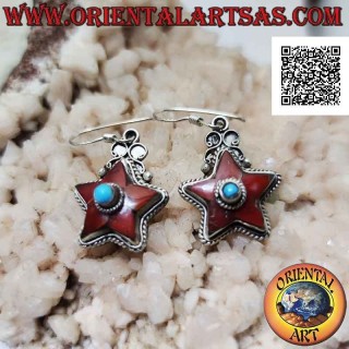Silver earrings in the shape of a star with ancient coral and central turquoise (Nepalese)