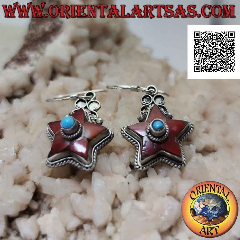 Pendientes de plata en forma de estrella con coral antiguo y turquesa central (nepalí)