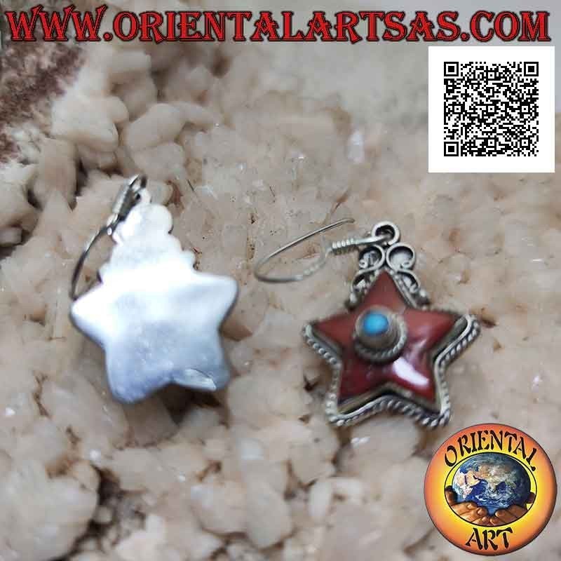 Orecchini in argento a forma di stella con corallo antico e turchese centrale (Nepalesi)