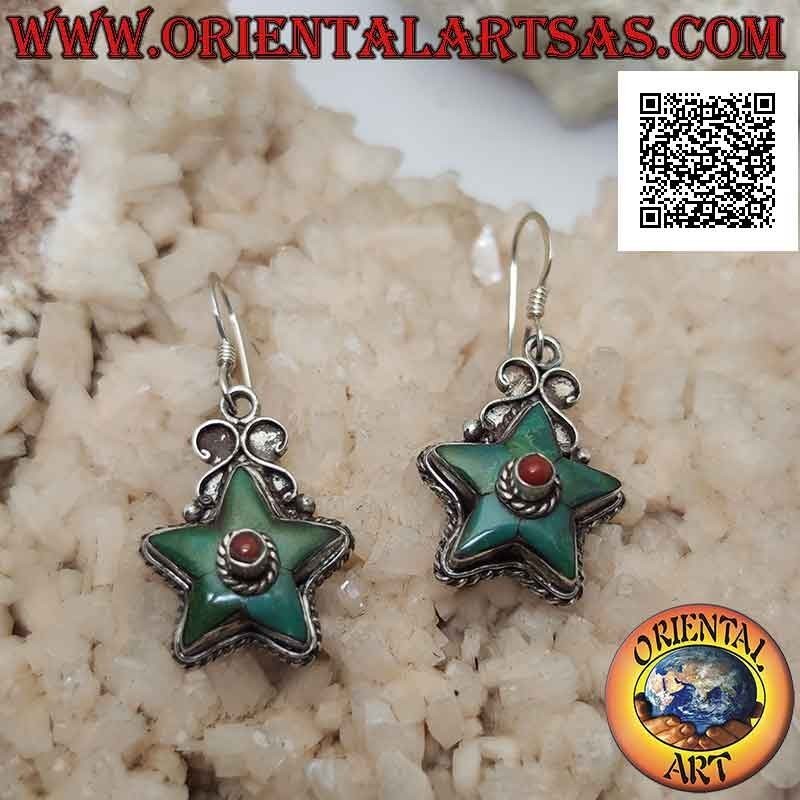 Silver earrings in the shape of a star with antique turquoise and central coral (Nepalese)