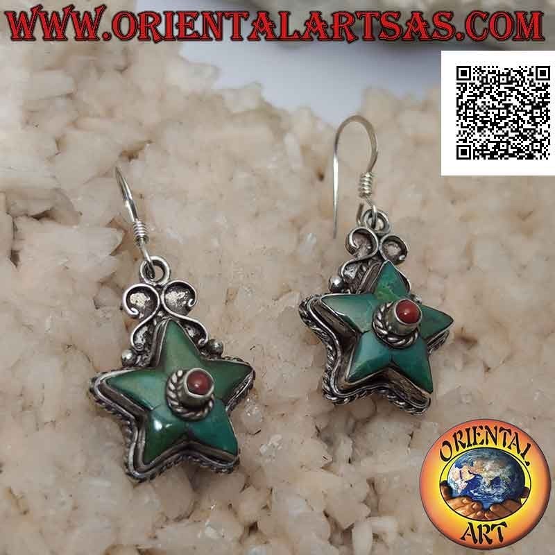 Silver earrings in the shape of a star with antique turquoise and central coral (Nepalese)