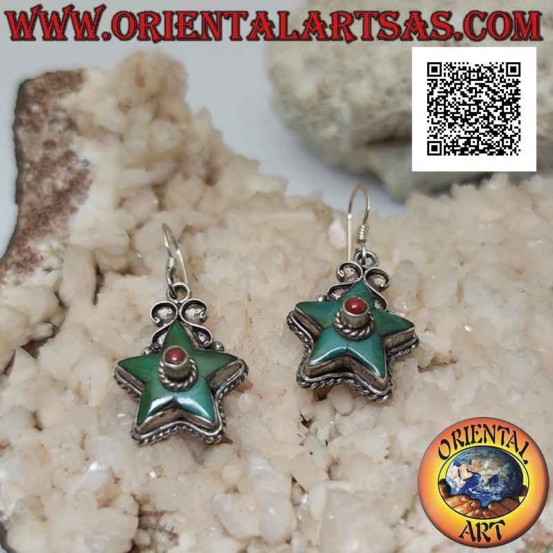 Boucles d'oreilles en argent en forme d'étoile avec turquoise antique et corail central (népalais)