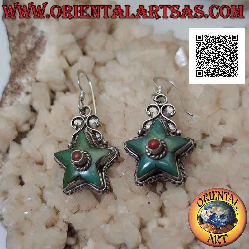 Silver earrings in the shape of a star with antique turquoise and central coral (Nepalese)