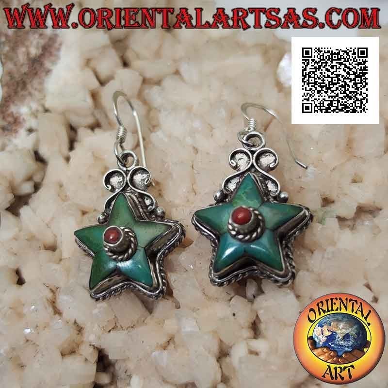 Silver earrings in the shape of a star with antique turquoise and central coral (Nepalese)