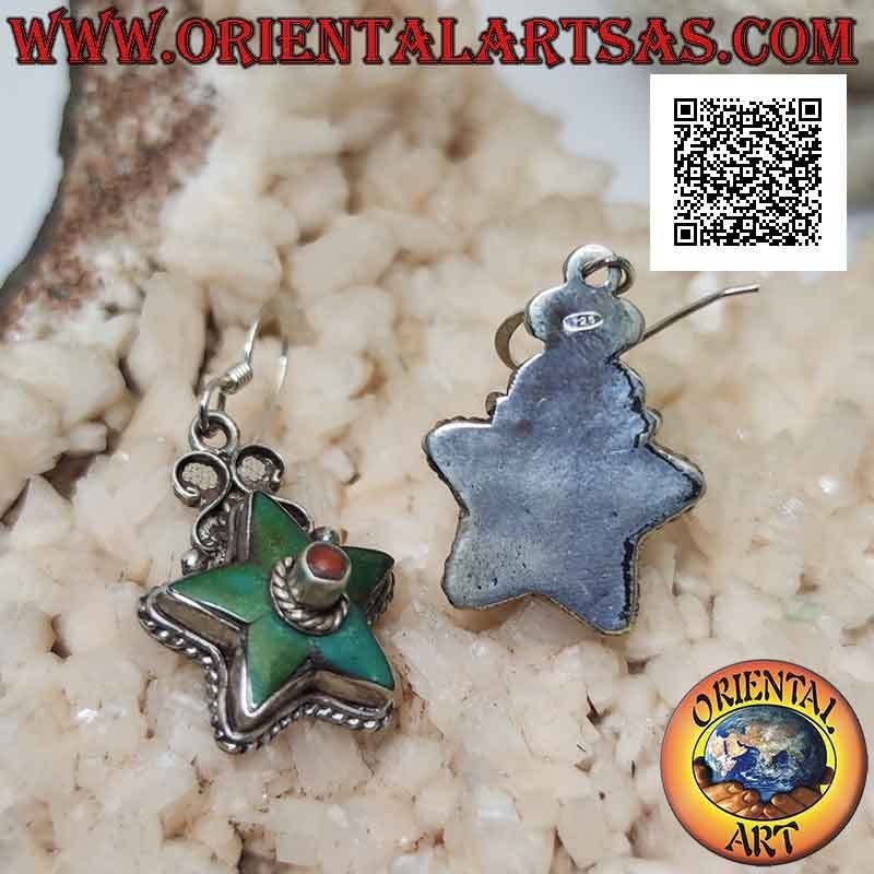 Silver earrings in the shape of a star with antique turquoise and central coral (Nepalese)