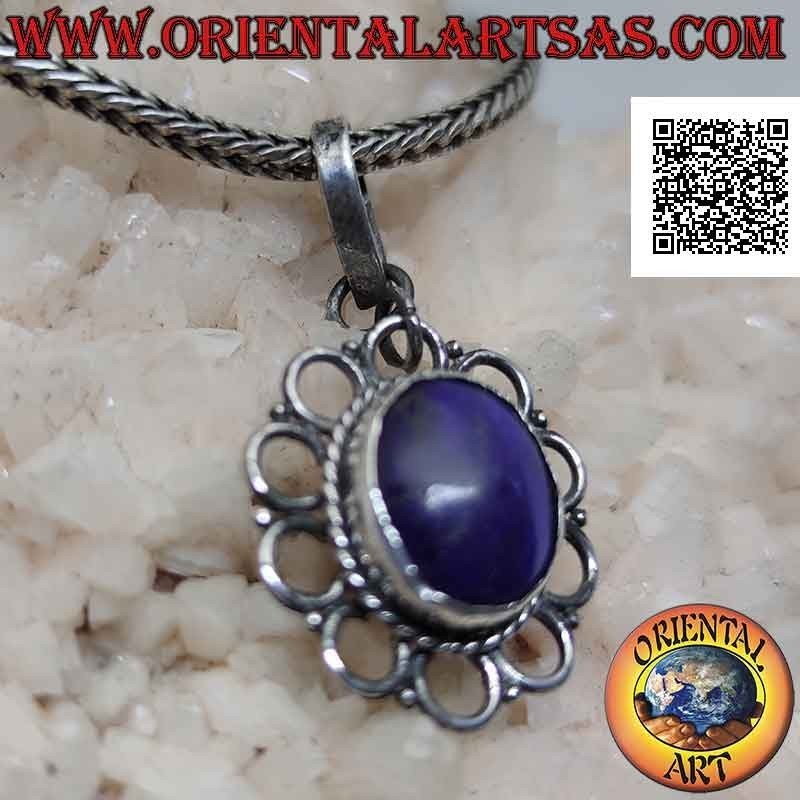 Pendentif en argent avec lapis lazuli ovale naturel entouré de tissage et de cercles ajourés