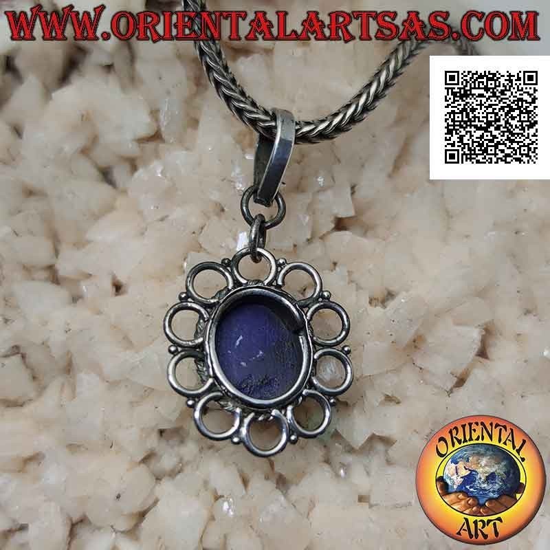 Pendentif en argent avec lapis lazuli ovale naturel entouré de tissage et de cercles ajourés