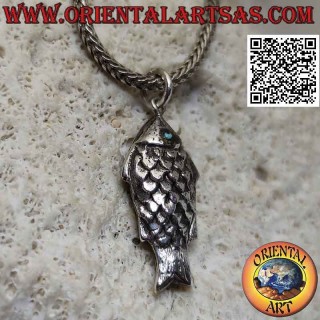 Dreidimensionaler Silberanhänger in Fischform mit türkisfarbenen Augen