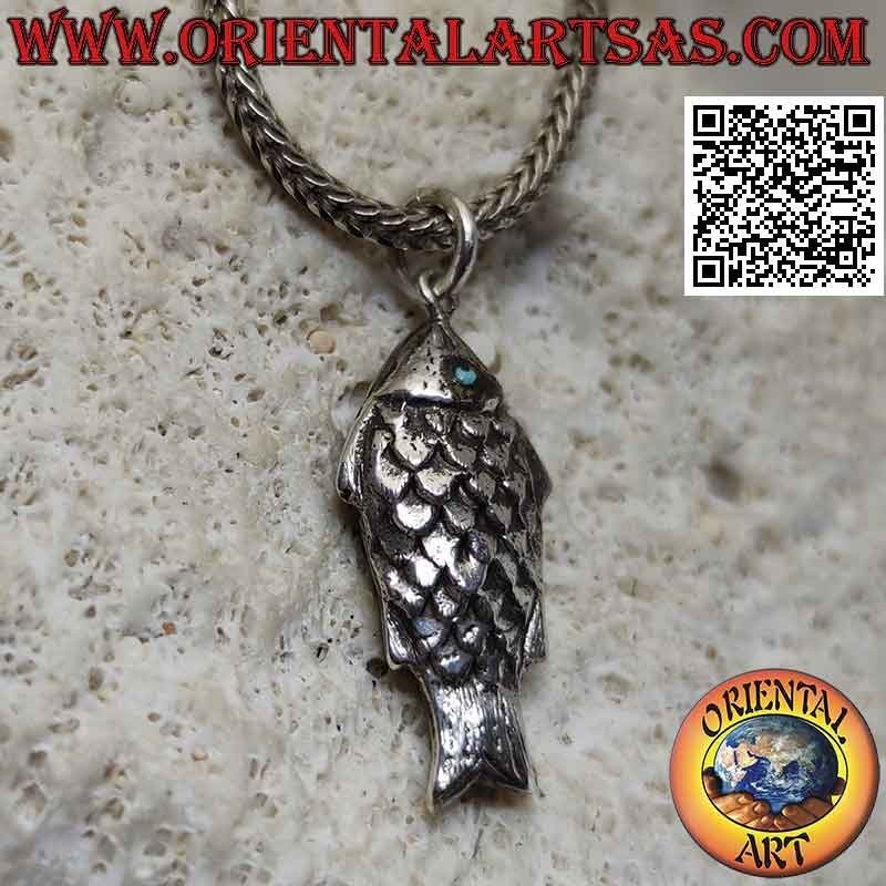 Pendentif en argent en forme de poisson en trois dimensions avec des yeux turquoise