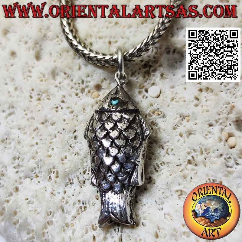Three-dimensional fish-shaped silver pendant with turquoise eyes