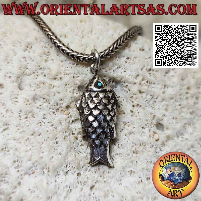 Ciondolo in argento a forma di pesce tridimensionale con occhi turchese