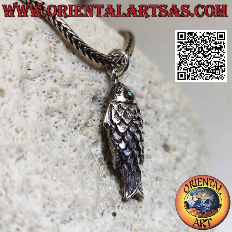 Ciondolo in argento a forma di pesce tridimensionale con occhi turchese