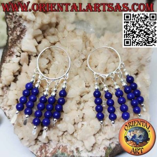 Silver earring, 20mm smooth circle with 5 rows of pendant lapis beads