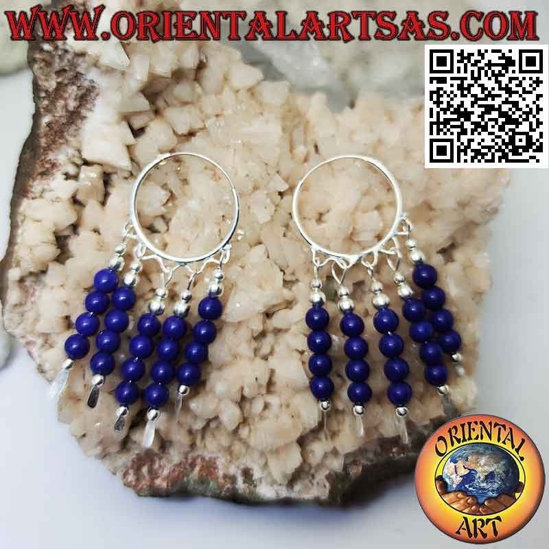 Boucle d'oreille en argent, cercle lisse de 20 mm avec 5 rangées de perles de lapis pendantes