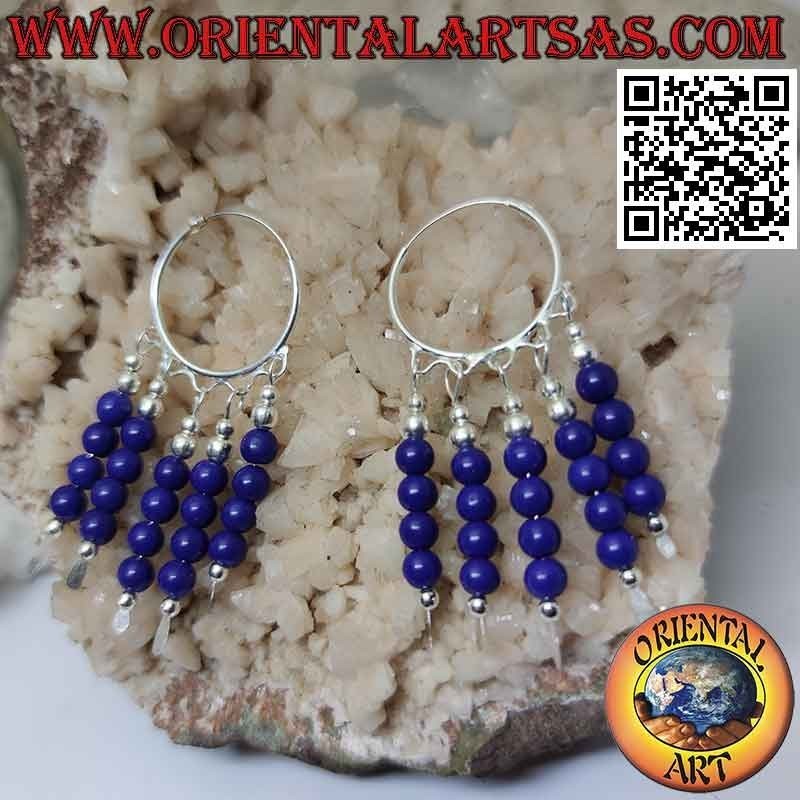 Boucle d'oreille en argent, cercle lisse de 20 mm avec 5 rangées de perles de lapis pendantes