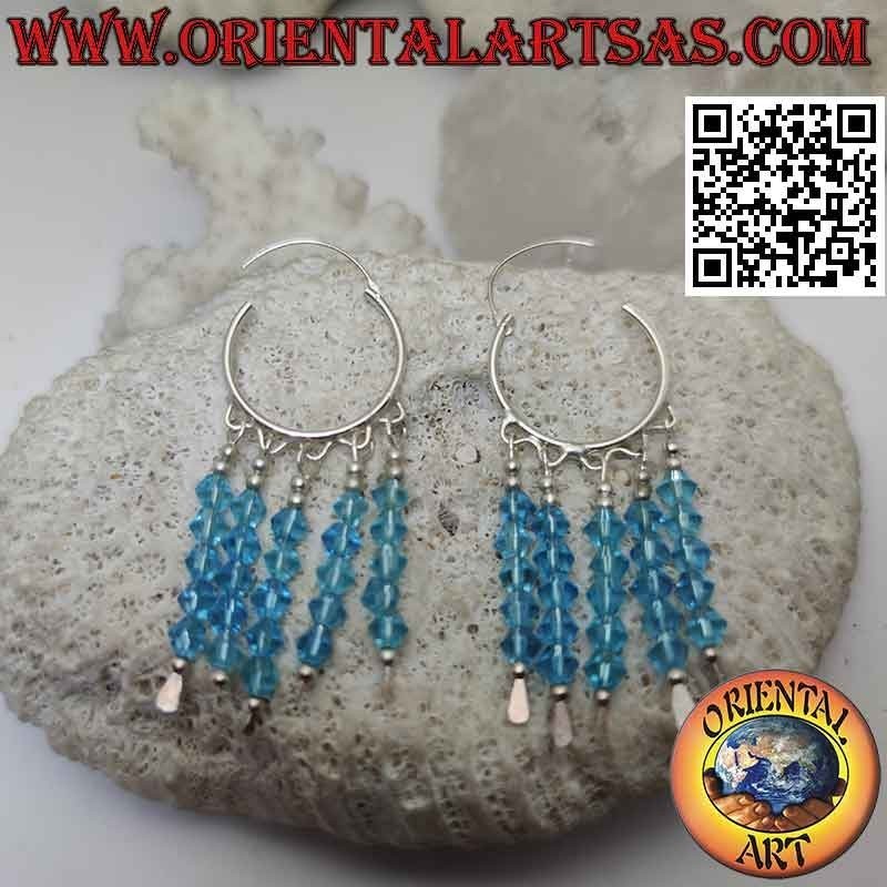 Pendientes de plata, círculo liso de 20 mm con 5 hileras de cristales celestes colgantes