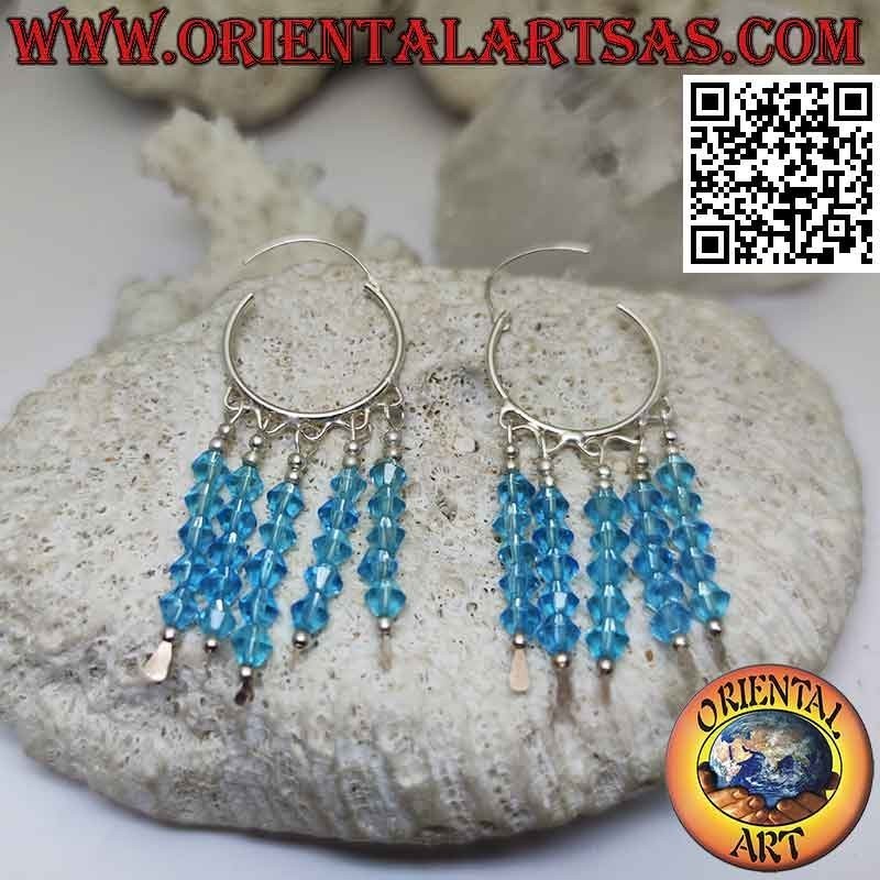 Silberohrringe, 20 mm glatter Kreis mit 5 Reihen hängenden hellblauen Kristallen