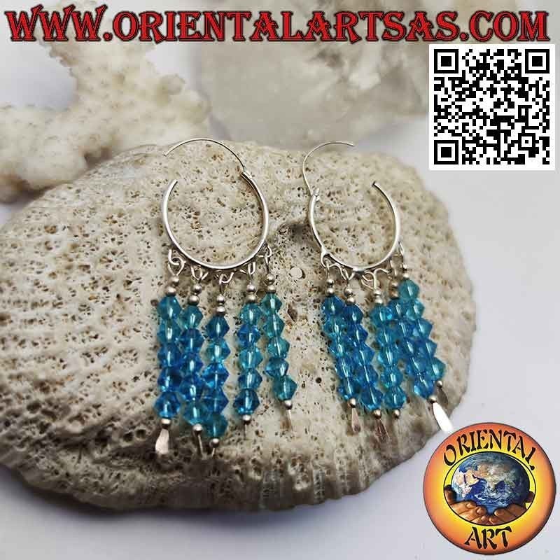 Silberohrringe, 20 mm glatter Kreis mit 5 Reihen hängenden hellblauen Kristallen