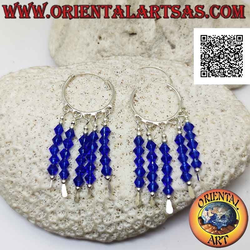 Boucles d'oreilles en argent, cercle lisse de 20 mm avec 5 rangées de cristaux bleus suspendus