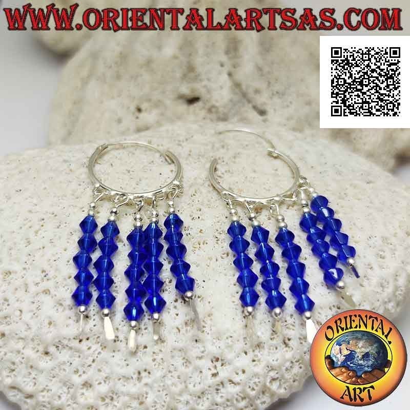 Silberohrringe, 20 mm glatter Kreis mit 5 Reihen hängender blauer Kristalle