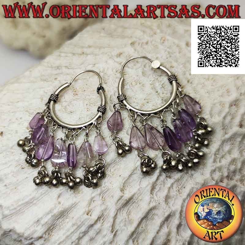 Silver earrings, 22 mm worked circle with 7 hanging amethyst crystals