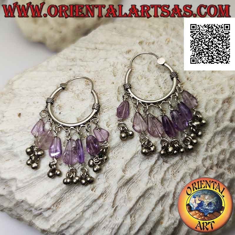 Silver earrings, 22 mm worked circle with 7 hanging amethyst crystals