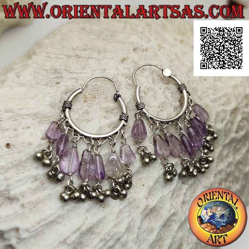 Boucles d'oreilles en argent, cercle travaillé 22 mm avec 7 cristaux d'améthyste suspendus