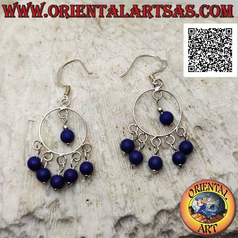 Silberne Hebelohrringe mit Stirnband und 5 Lapislazuli-Perlen und einem Anhänger in der Mitte