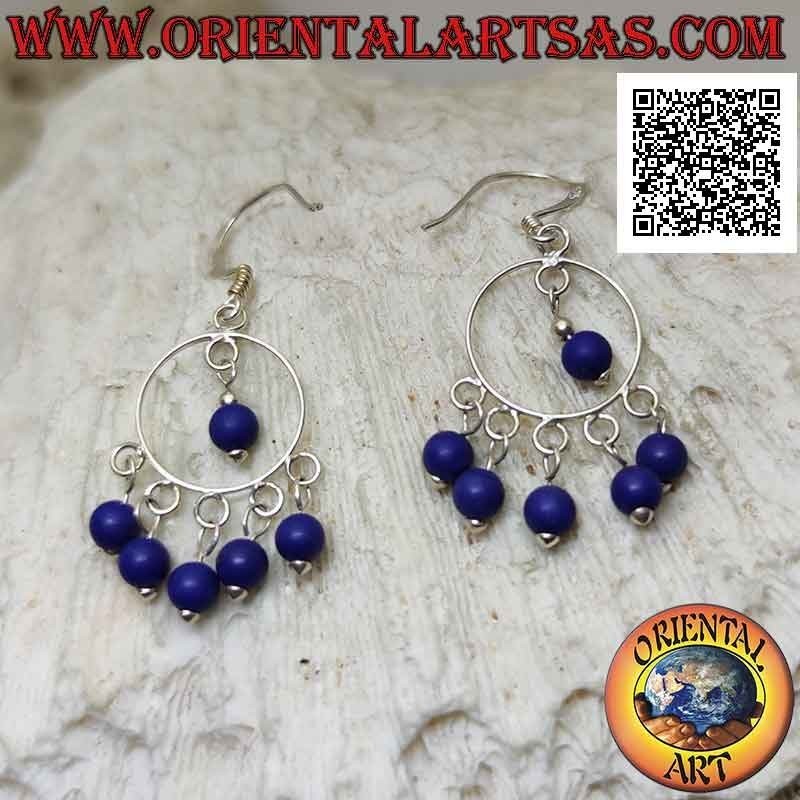 Boucles d'oreilles à levier en argent avec bandeau et 5 perles de lapis-lazuli et un pendentif au centre