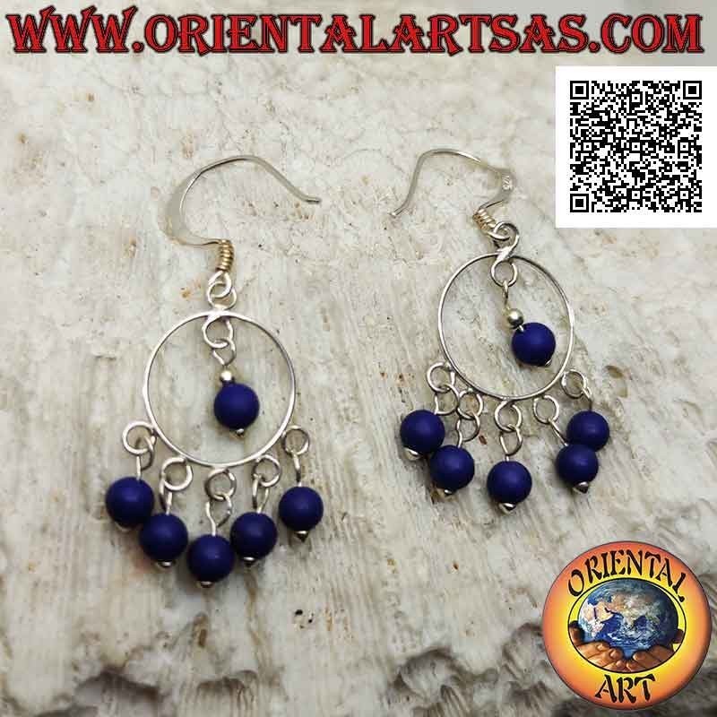 Silver leverback earrings with headband and 5 lapis lazuli beads and one pendant in the center