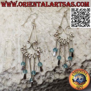 Rolled arc silver earrings with dangling blue crystals