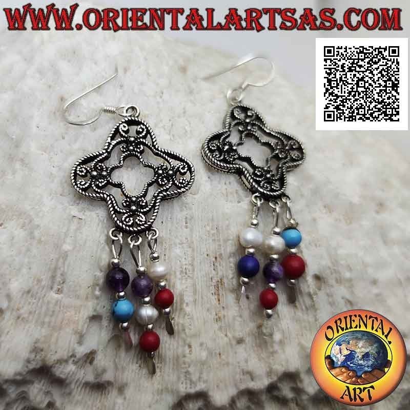 Boucles d'oreilles losanges rondes en argent décorées de filigrane avec pendentifs en perles multicolores et argenté